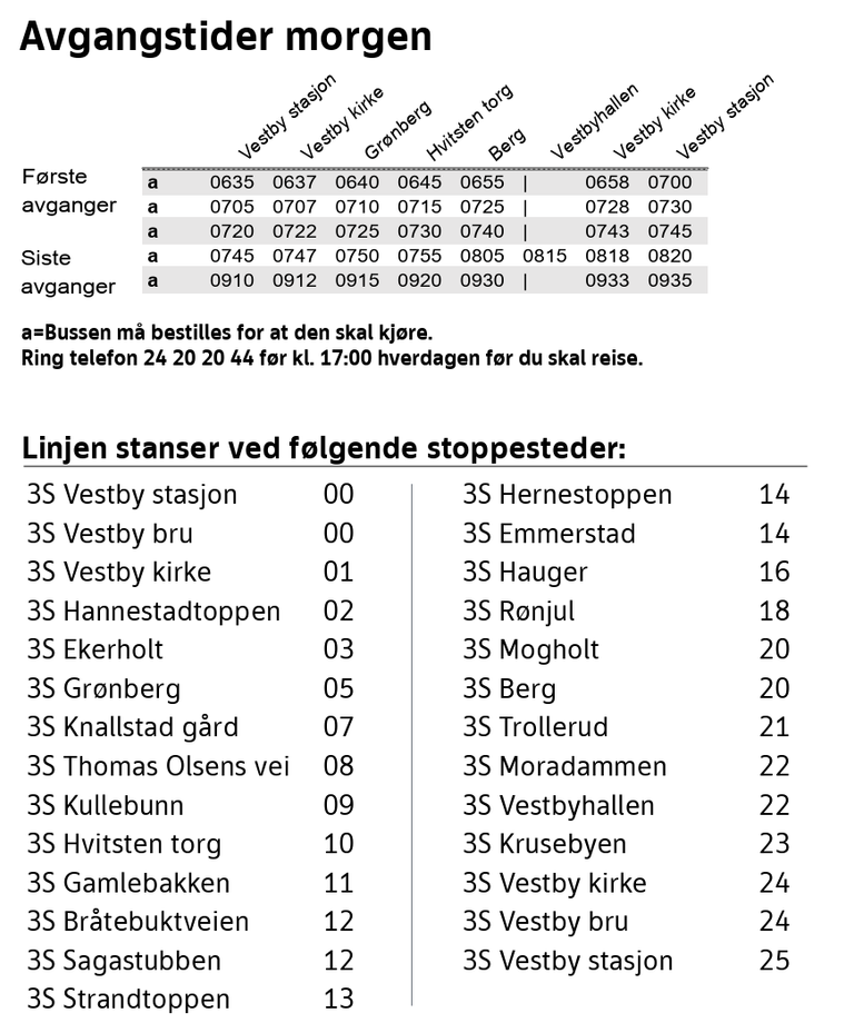 Rutetabell Hvitsten - Vestby