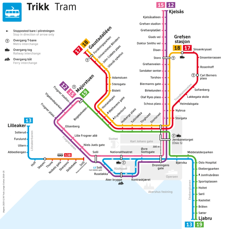 Linjekart for trikken som viser hvordan linje 13 kjører i perioden med buss for trikk