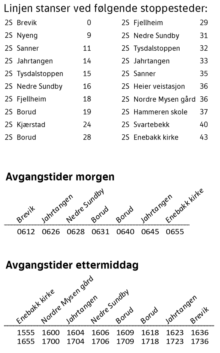 Tabell over bestillingstransport i Enebakk kirke - Dalefjerdingen