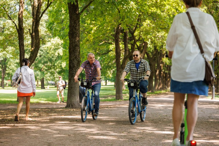 To menn som sykler gjennom en park på sommeren