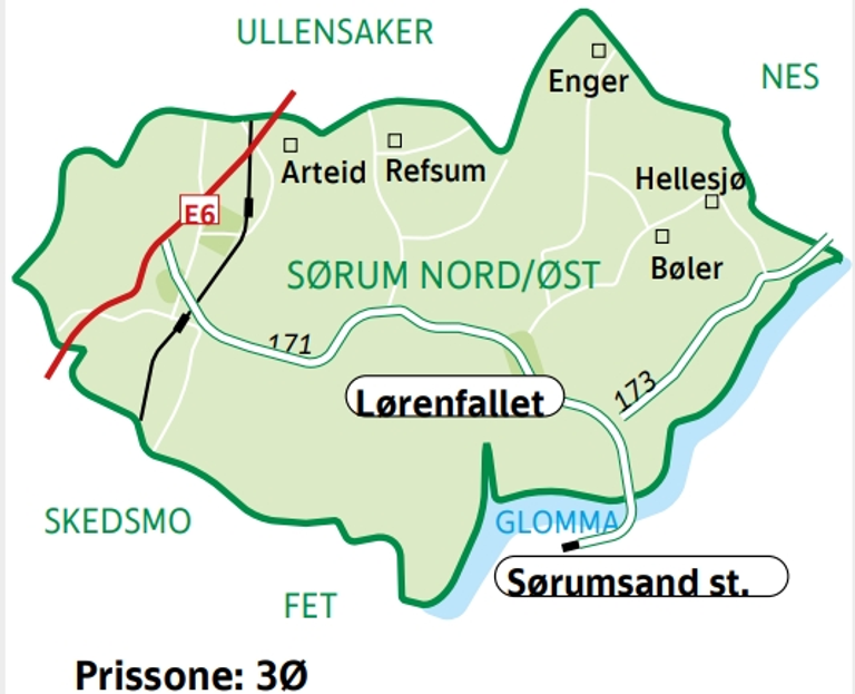 Kart over Sørum nord øst