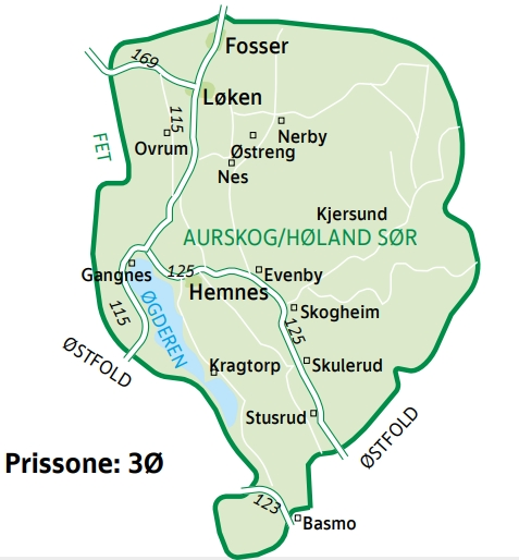 Kart over Aurskog-Høland sør