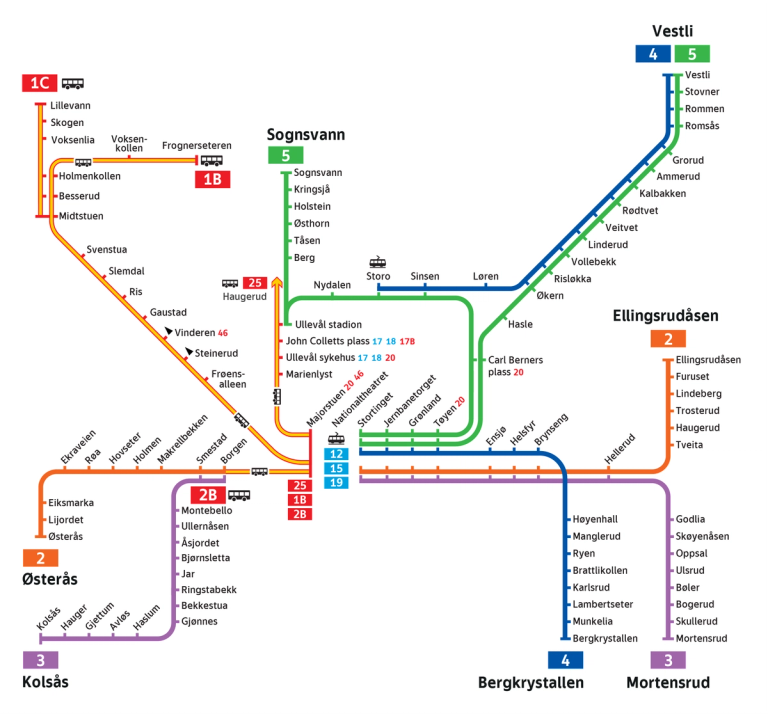 Linjekart for T-banen gyldig fra 5. juli til 11. august