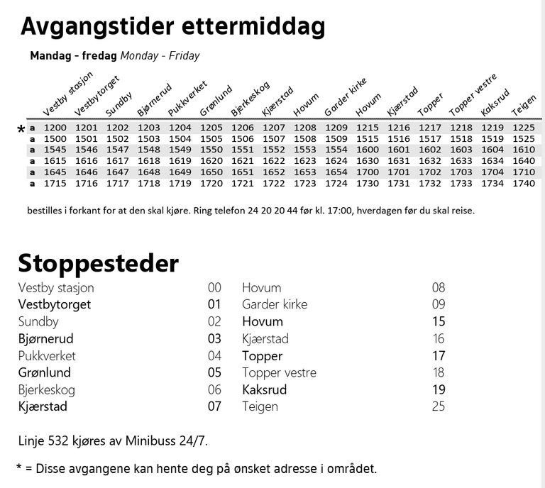 Rutetabell Vestby ettermiddag