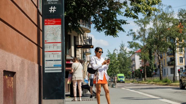 A woman is waiting for the bus at the bus stop.
