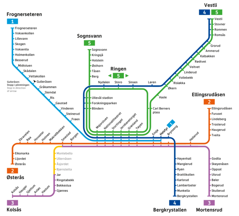 T-banekart med info om buss for bane mellom Jar og Majorstuen
