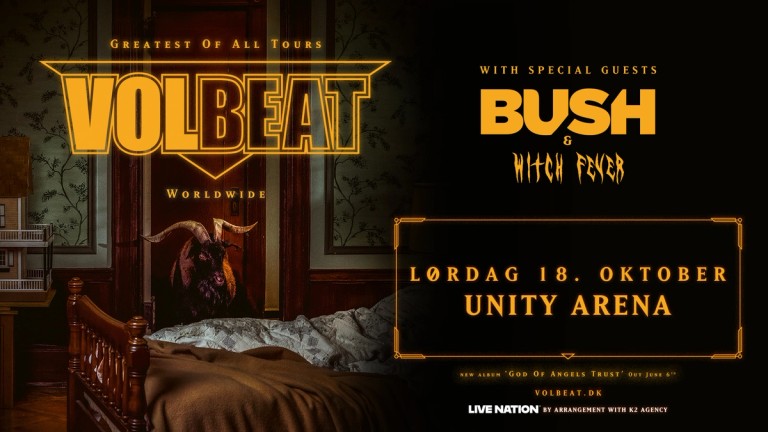 Plakat med tekst om at bandet Volbeat spiller på Unity Arena. Bilde av en seng og en bukk i bakgrunnen