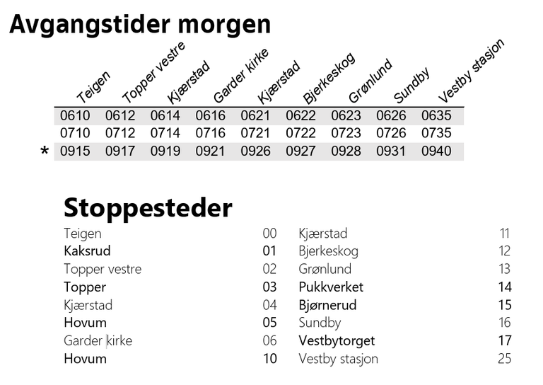 Rutetabell Vestby morgen