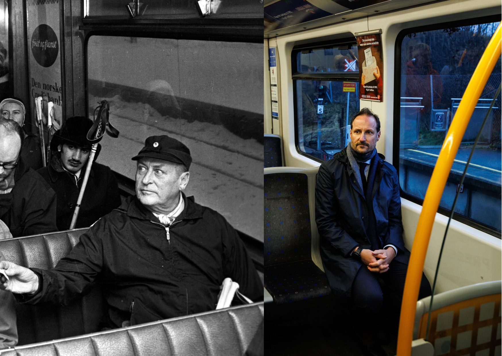 Bildecollage av Kong Olav V på trikken i 1973 og Kronprins Haakon på T-banen i 2025
