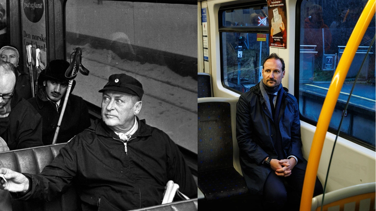 Bildecollage av Kong Olav V på trikken i 1973 og Kronprins Haakon på T-banen i 2025