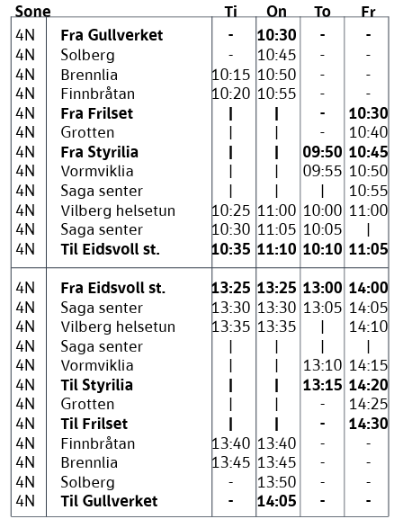 Rutetabell bestillingstransport i Eidsvoll sør/øst - Gullverket/Frilset