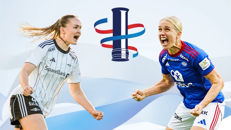 Image of two professional female football players on different teams, with an illustrated trophy in the background