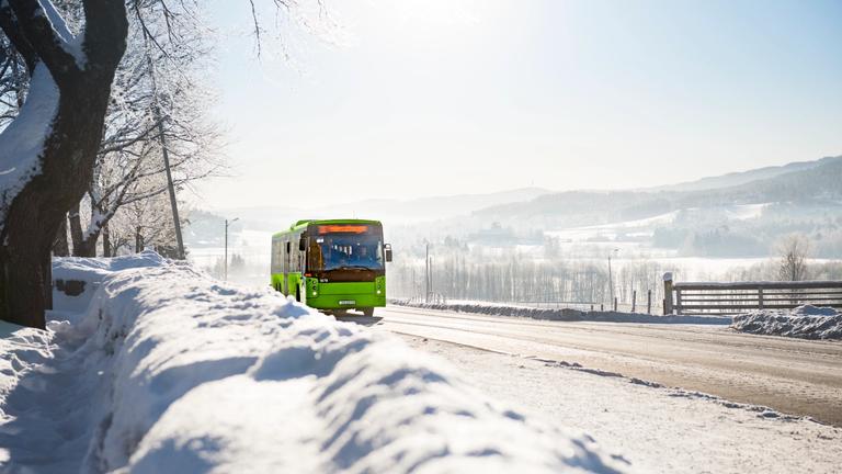 En grønn Ruter-buss kjører gjennom et vinterlandskap med sol