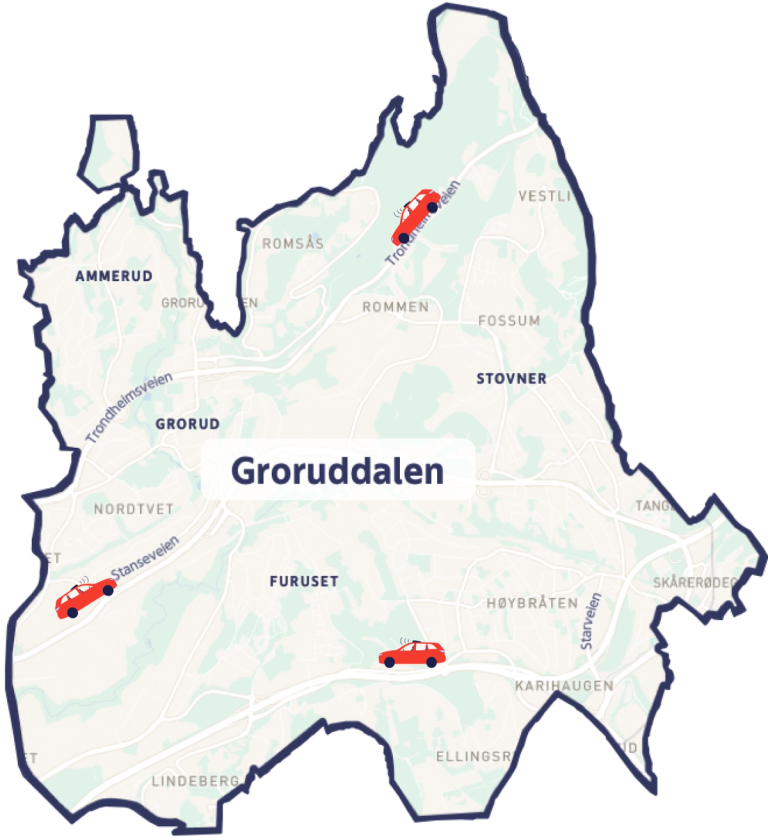 Kart over området i Groruddalen der selvkjørende biler kjører