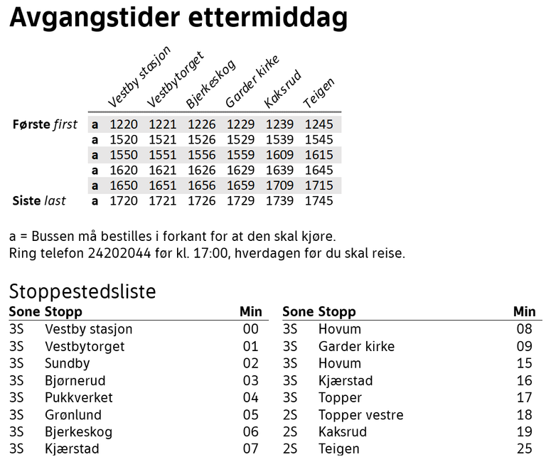 Rutetabell Linje 532 Kaksrud - Vestby stasjon ettermiddagsavganger