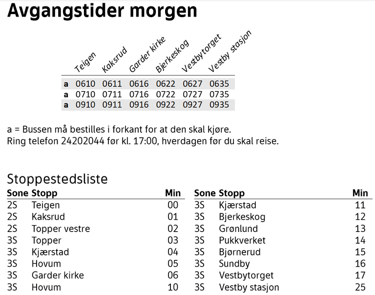 Rutetabell Linje 532 Kaksrud-Vestby stasjon morgenavganger