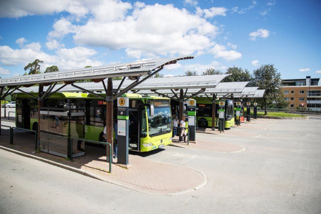 En rekke med grønne busser på en holdeplass