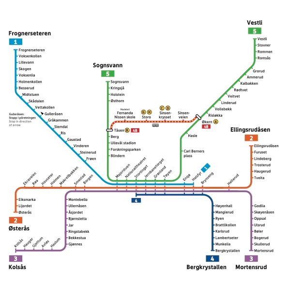 Bilde av T-banekart som viser T-baneendringer og erstatningstransport mellom 1-6 mars 2026