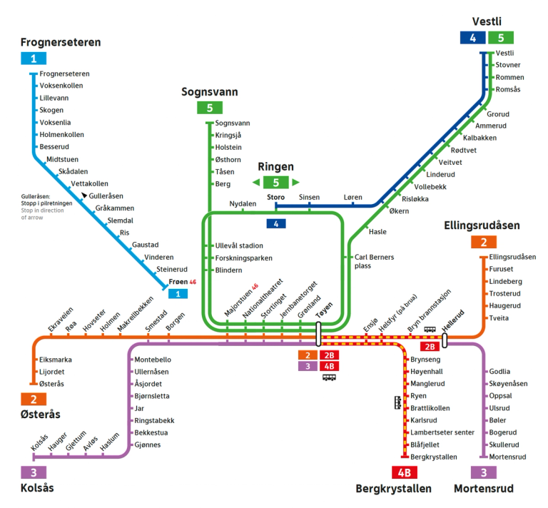 T-banekart som viser buss for T-bane