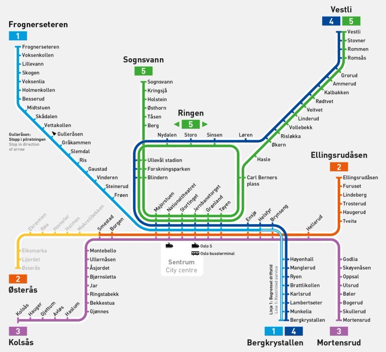 Kart med arbeid på T-banen og erstatningsbuss