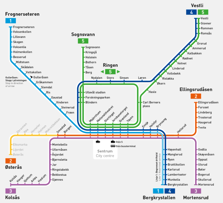 Kart med arbeid på T-banen og erstatningsbuss