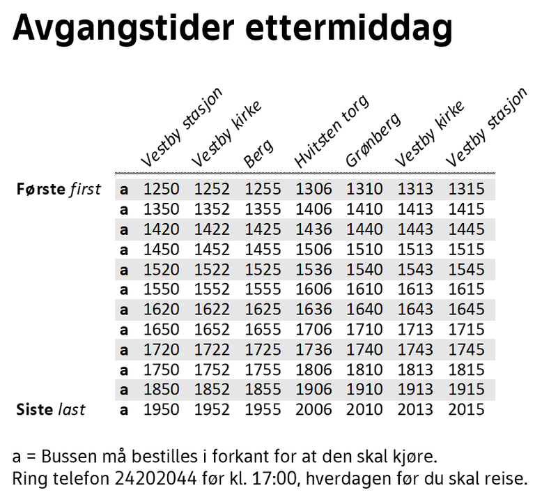 Rutetabell Linje 531 Hvitsten-Vestby ettermiddagsavganger