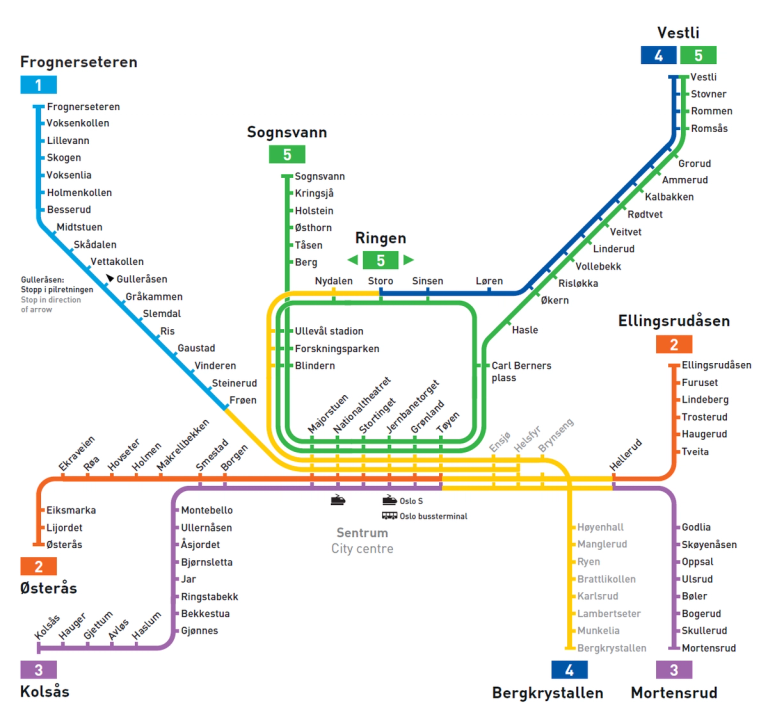 T-banekart med informasjon om arbeid på banen og erstatningsbuss