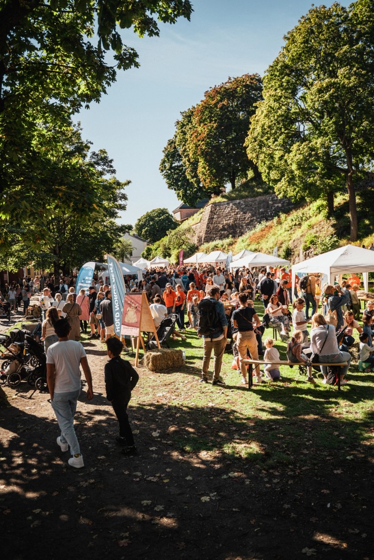 Bilde av mennesker i solskinn som er på et arrangement i en park