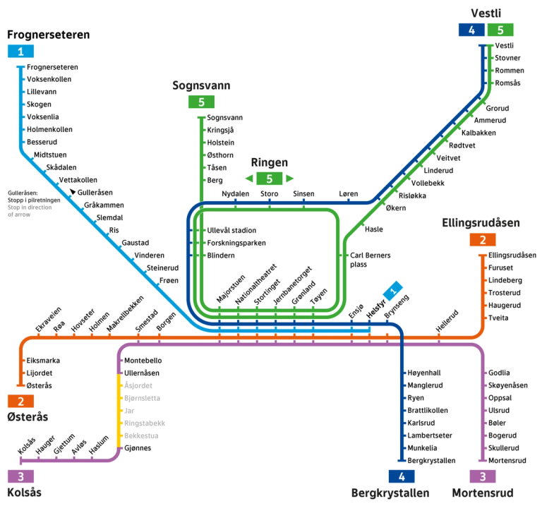 T-banekart med informasjon om buss for bane mellom Gjønnes og Majorstuen