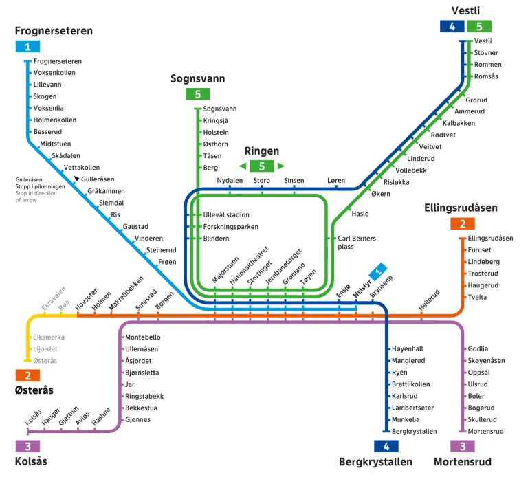 T-banekart med informasjon om arbeid på banen og erstatningsbuss