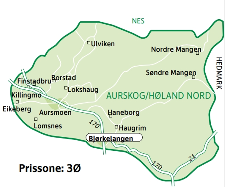 Kart over Aurskog-Høland nord