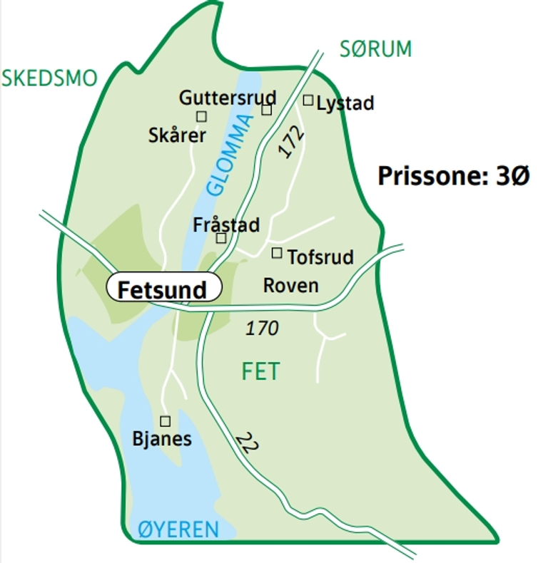 Kart over bestillingstransport i Akershus - Fet