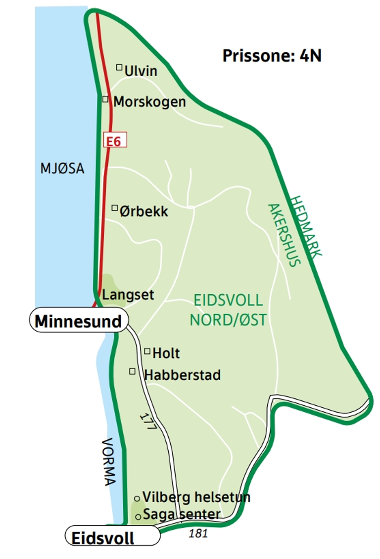 Kart over Eidsvoll nord øst - Ulvin/ Minnesund