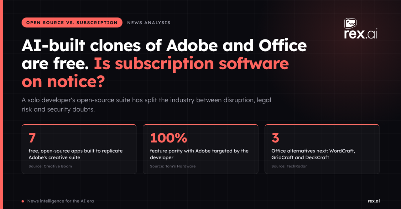 rex.ai cover graphic on a dark background with the headline “AI-built clones of Adobe and Office are free. Is subscription software on notice?” Three stat cards show: 7 free, open-source apps built to replicate Adobe’s creative suite (Creative Boom); 100% feature parity with Adobe targeted by the developer (Tom’s Hardware); and 3 Office alternatives next, WordCraft, GridCraft and DeckCraft (TechRadar).