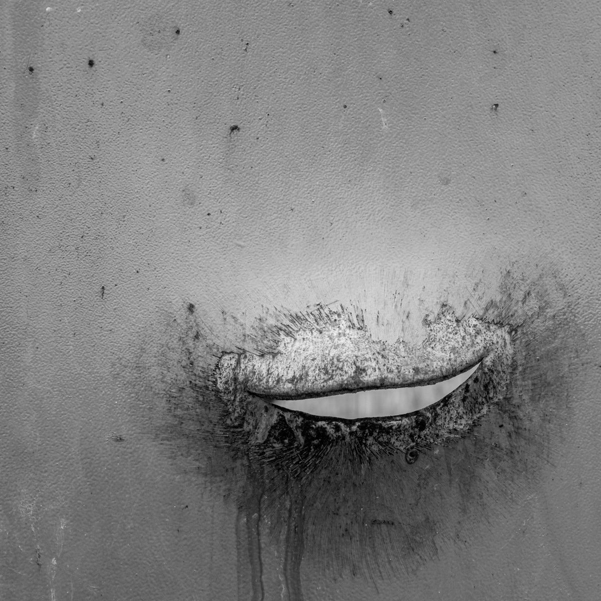 A smooth grey field with a single pale sliver-shaped opening near the middle, ringed by dark feathery marks that drip downward.