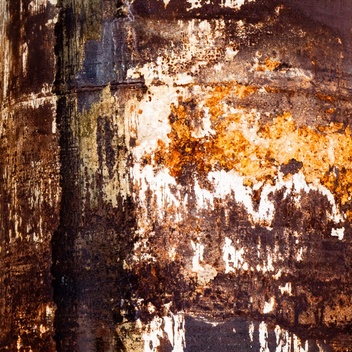 Corroded patches of rust orange, cream and near black, flaking and pitted, divided by a darker vertical stripe.