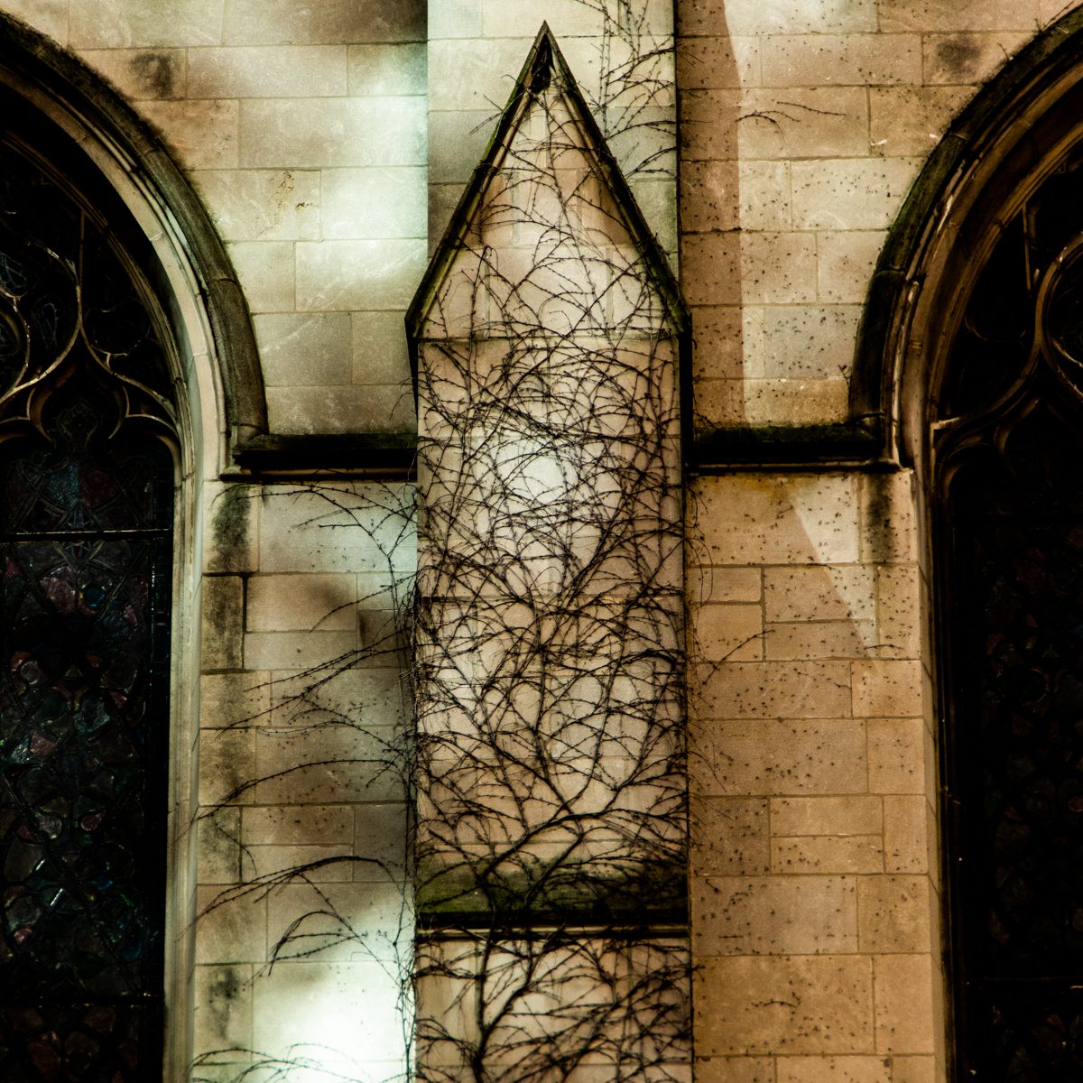 Two dark arches flank a pale pointed panel, all of it netted with fine dark lines in warm sepia.