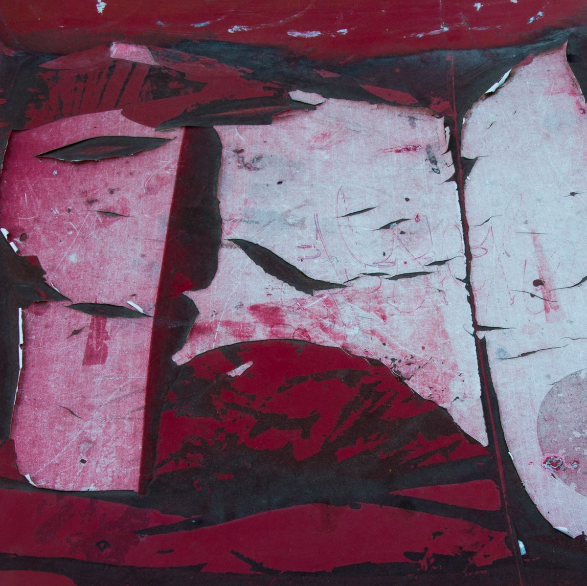 Pink and crimson layers peel away in broad torn sheets, split by a dark vertical seam.
