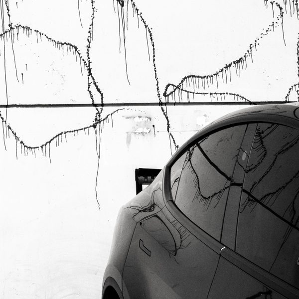 Black and white: thin dark tendrils trail and drip across a white field, above a smooth dark curved form in the lower right that repeats them.