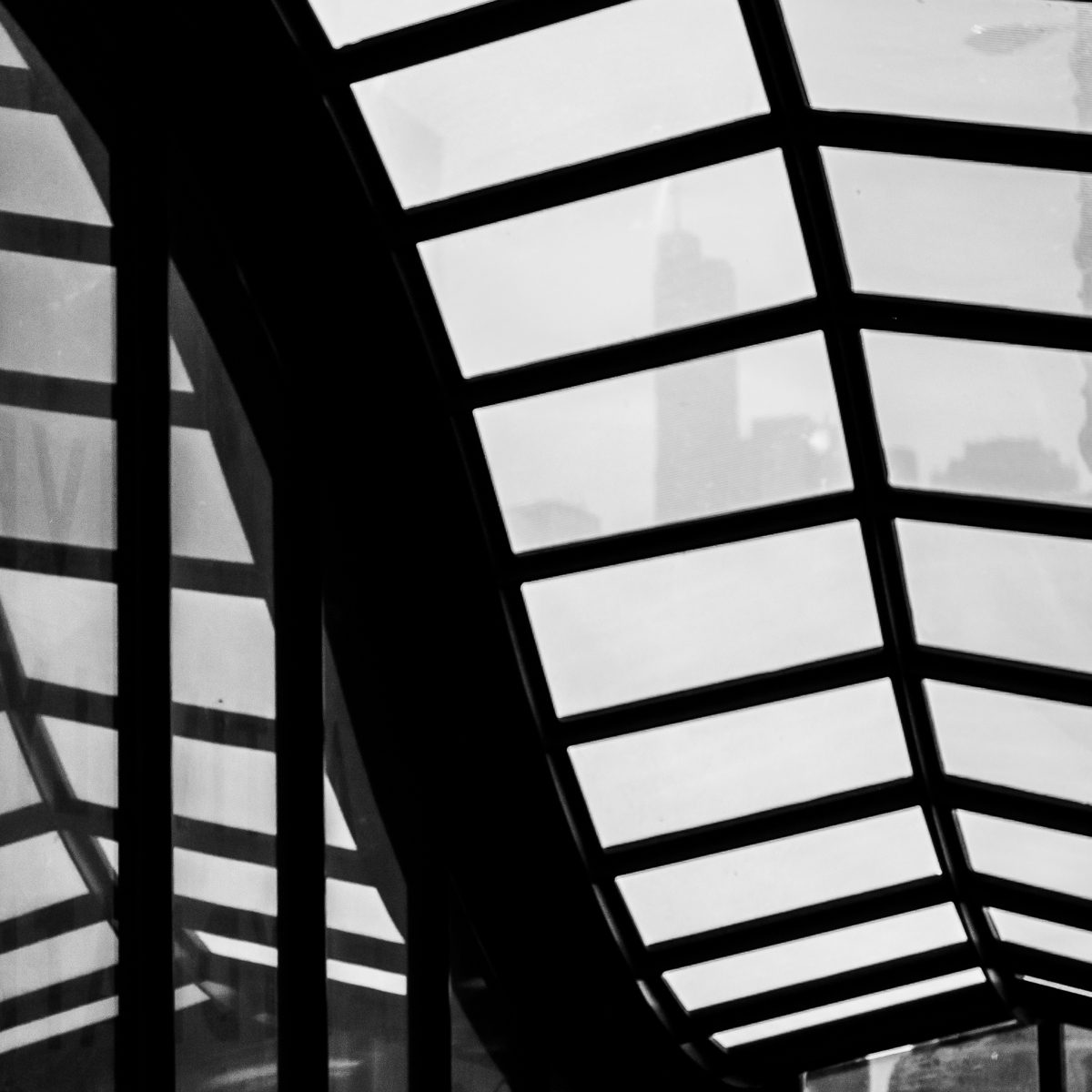 Black bars curve in a broad grid over pale grey panels, with a darker shape faint behind them.
