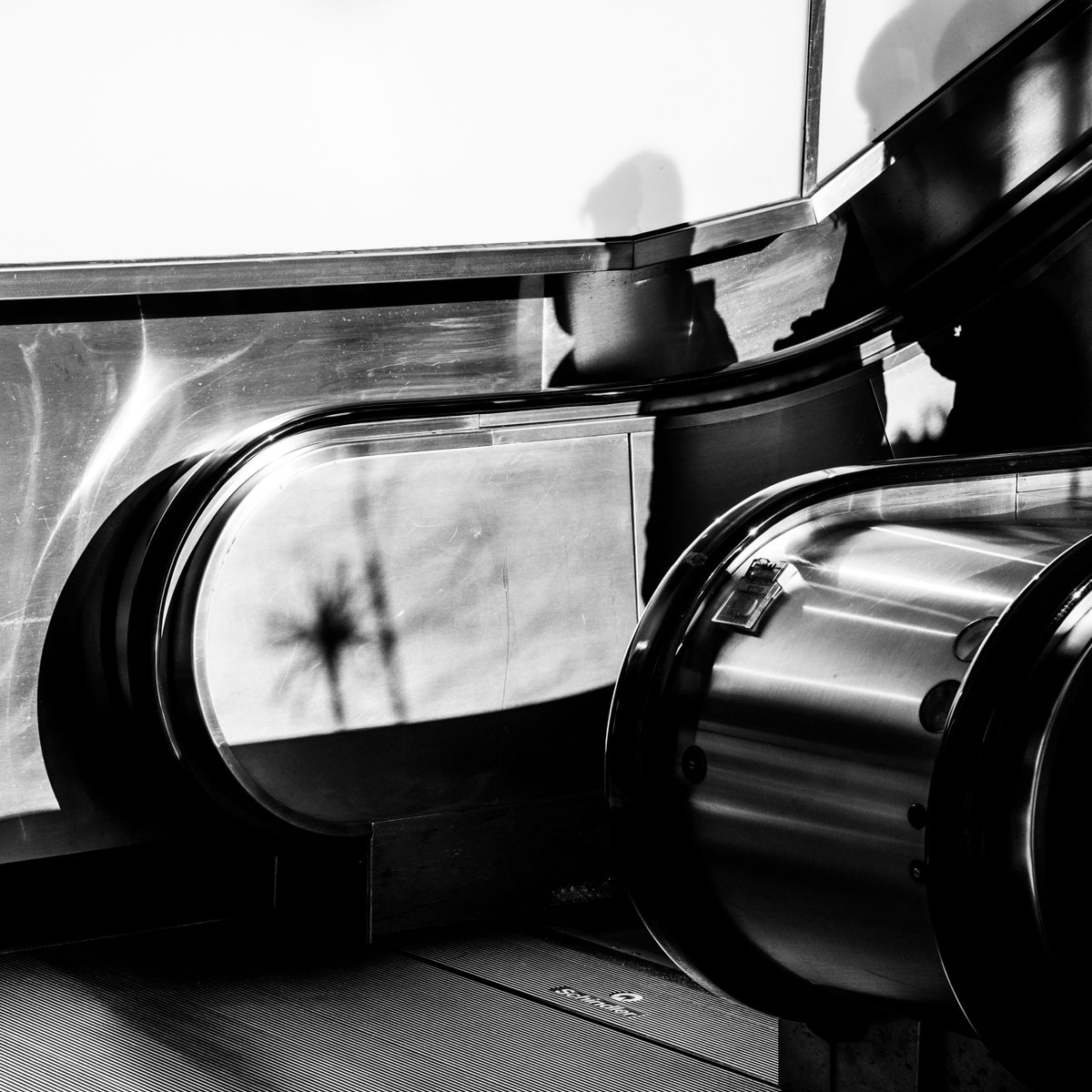 Glossy black curves roll toward you under a bright white band, a small dark starburst caught on one surface.