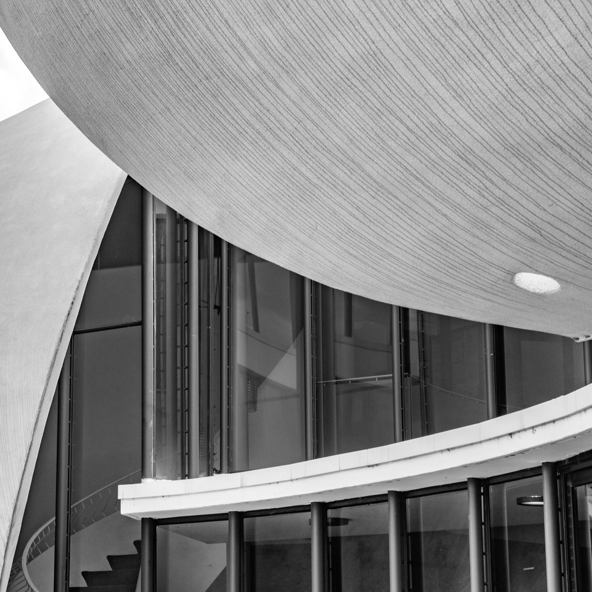 Black and white: a vast finely grooved curved plane sweeps overhead, above rows of dark vertical bars and a pale curving band.