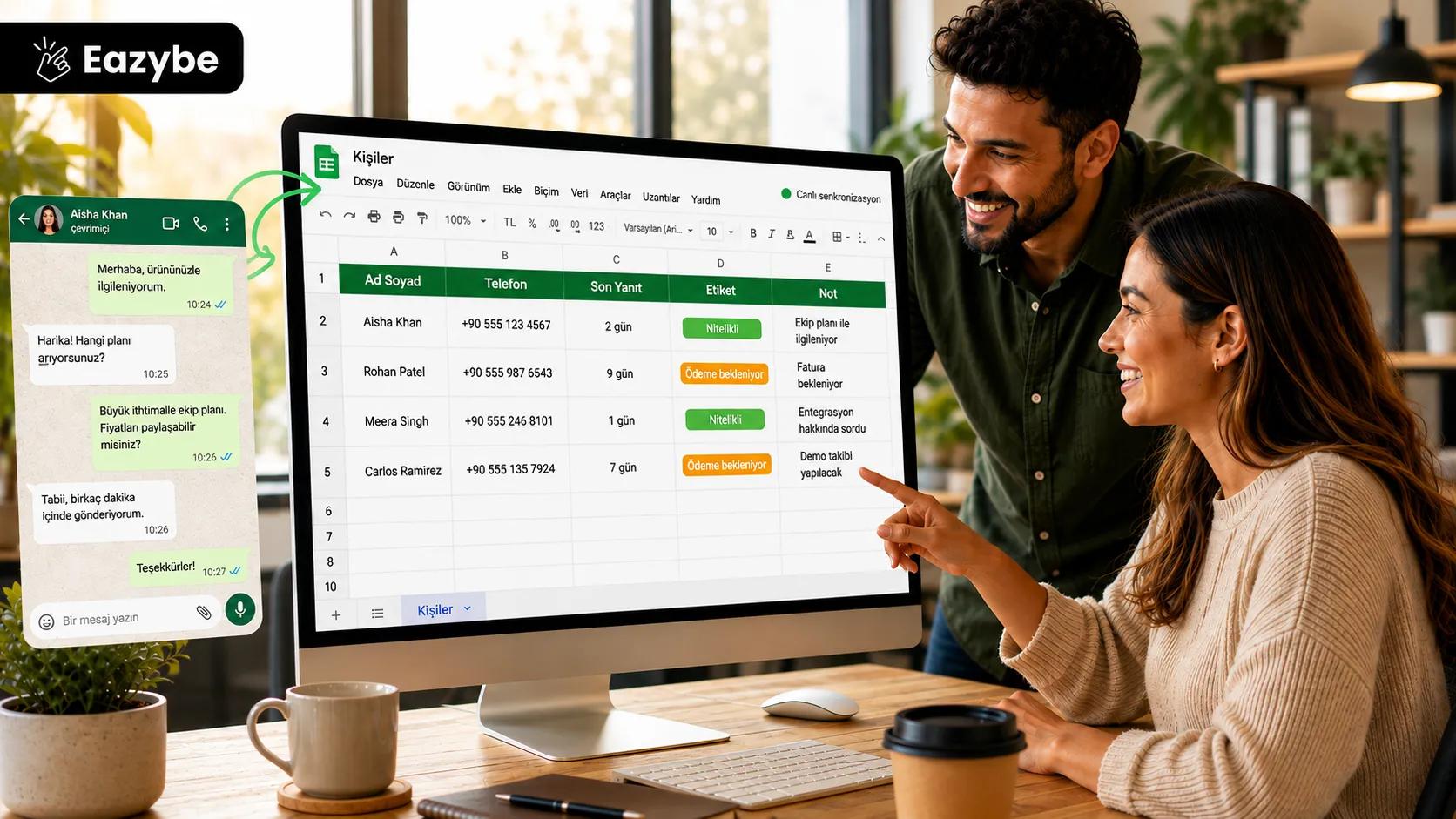 WhatsApp müşteri adaylarını canlı senkronize Google Sheet CRM'de takip eden küçük ekip