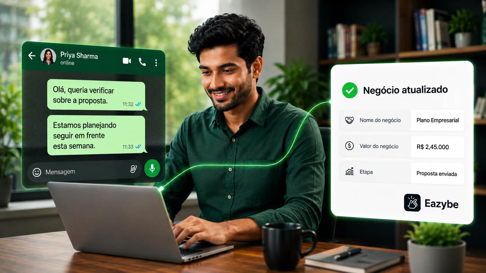 Conversa de WhatsApp atualizando o Pipedrive
