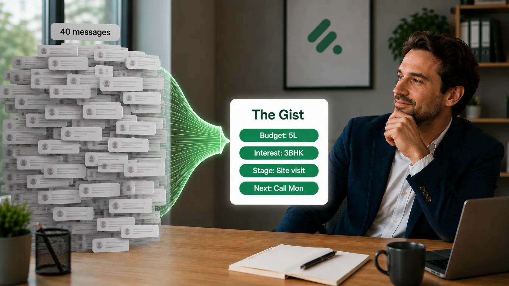 40 WhatsApp messages condensed into budget, interest, stage and next step
