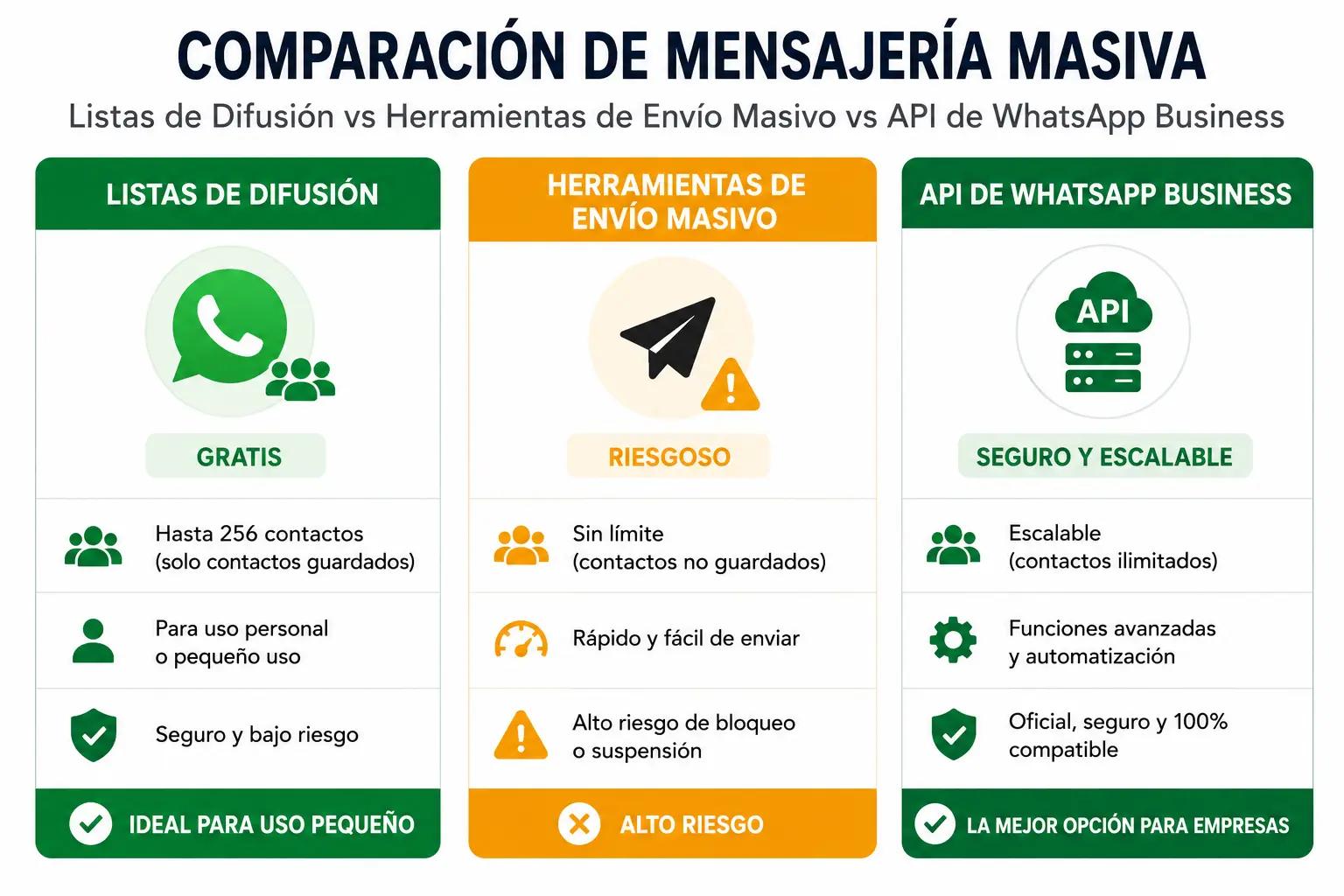 Comparación de listas de difusión de WhatsApp, herramientas de remitentes masivos y API empresarial para enviar mensajes masivos de WhatsApp