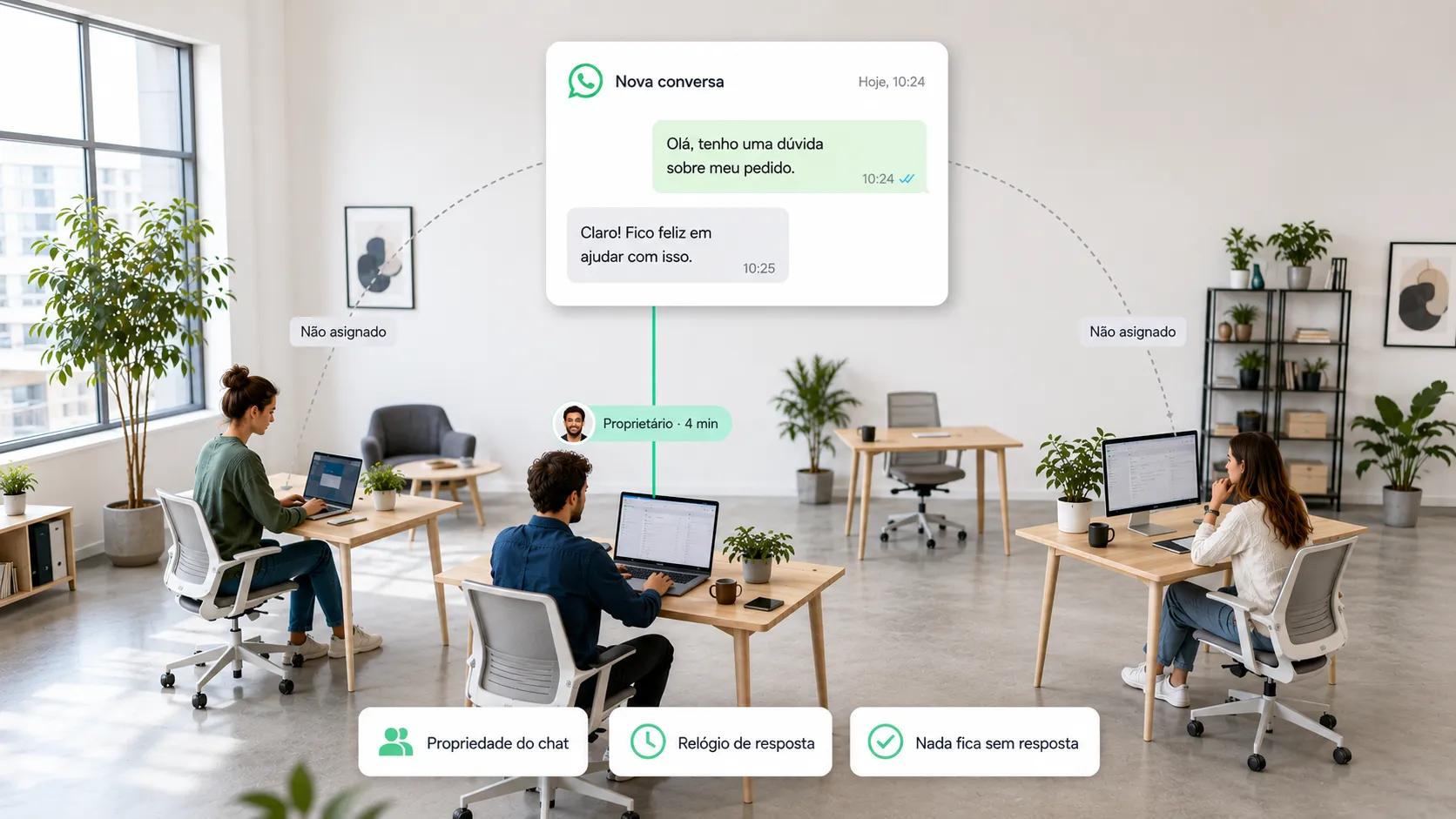 Colaboração em equipe no Eazybe com propriedade de chat e relógio de resposta