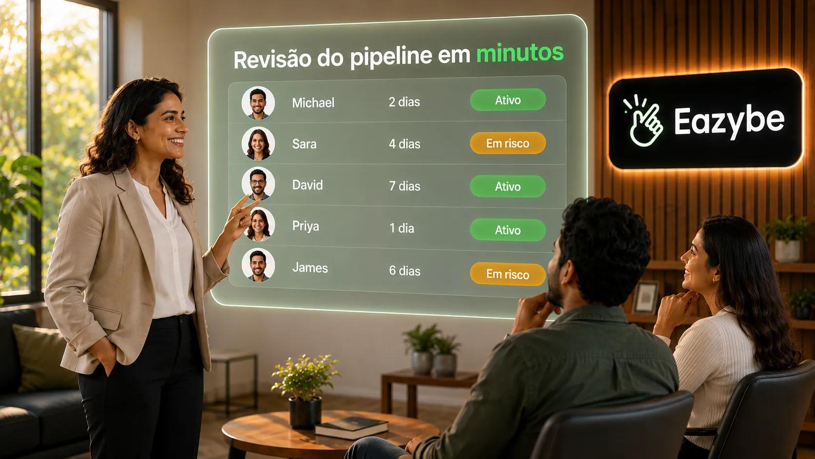 Gestor de vendas revisando o funil do Bitrix24 com negócios ativos e em risco por vendedor