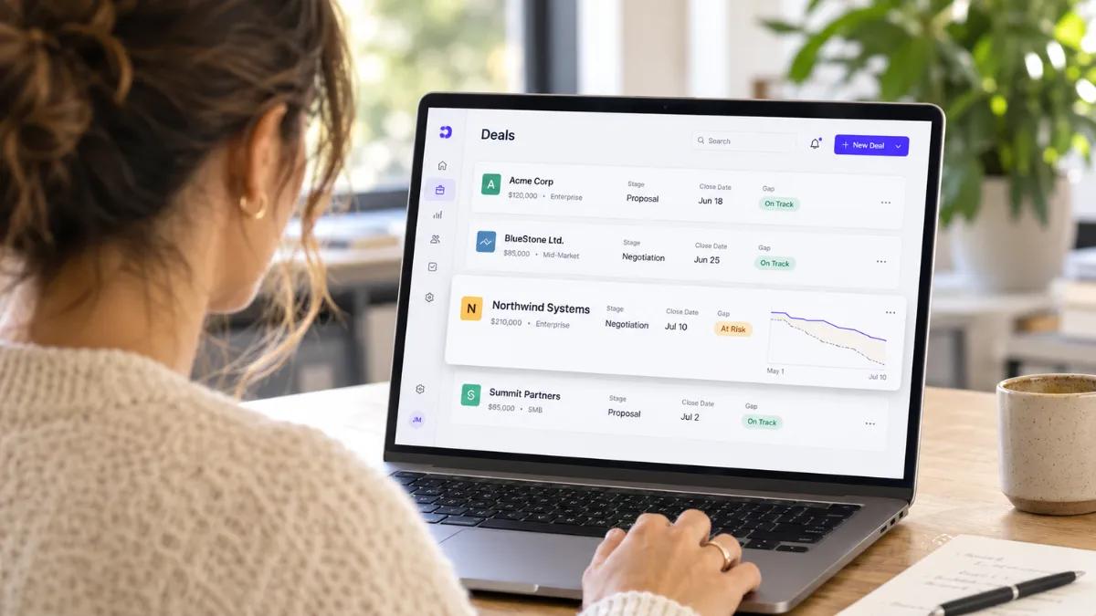 CRM deals view with engagement signals flagging at-risk and on-track deals