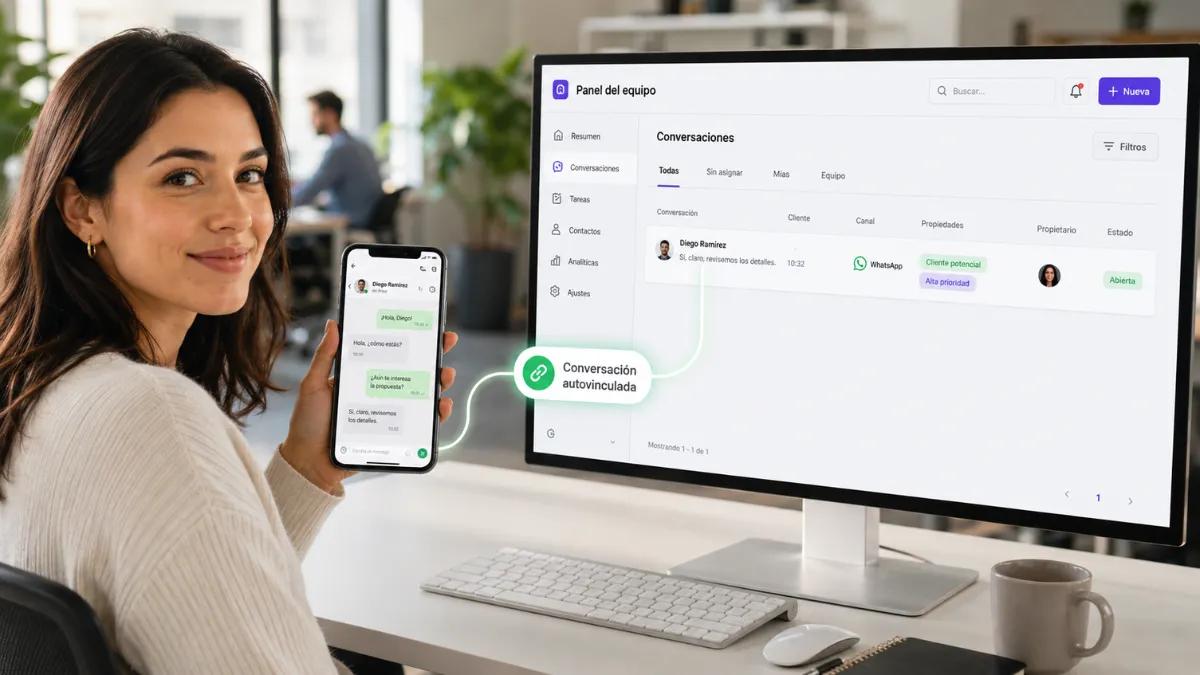 Chat de WhatsApp desde un número personal vinculado automáticamente al panel del CRM del equipo